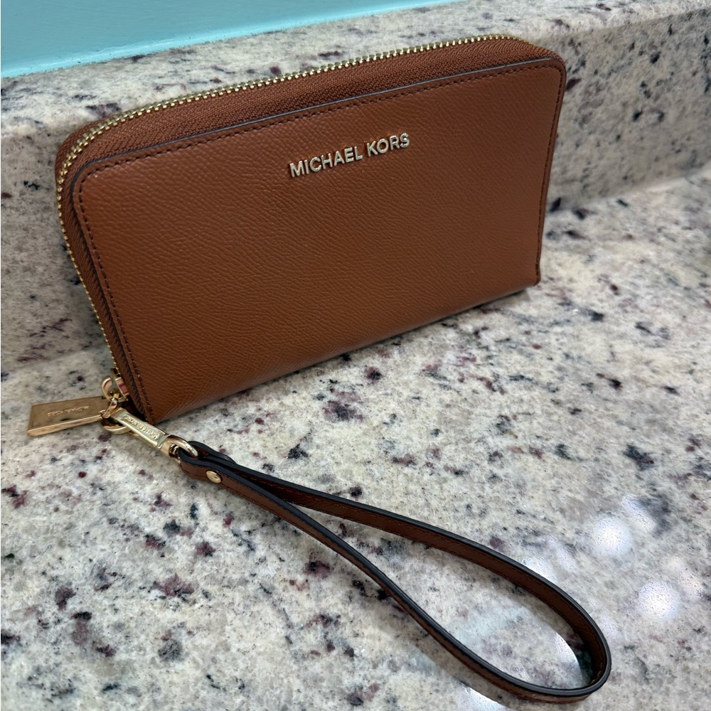 Michael Kors Tan Brown Leather Wristlet with Gold Accents